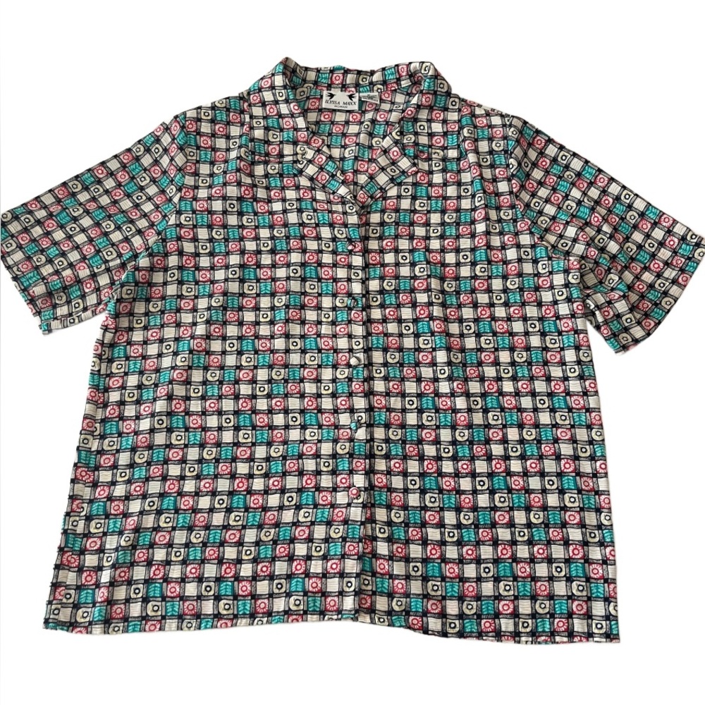 Vintage Ilyssa Maxx Woman Geometric Print Short Sleeve Button Down‎ Blouse
